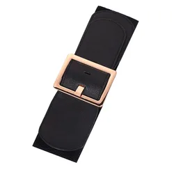 Women Fashion Square Metal Buckle Pin Belt Wide Elastic Stretch Strap Ladies Dress Corset Waistband Decorative Clothes Accessory