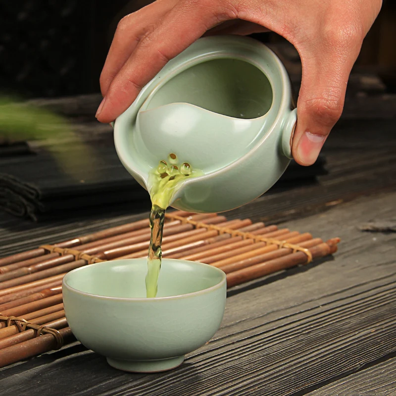 [GRANDNESS] Xiang Long* Ru Kiln Celadon кунг-фу чайная чашка и чайный горшок набор, Ruyao чайный набор включает 1 горшок 1 чашка дорожный чайный набор