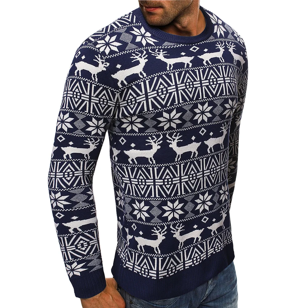 Men s Sweaters Ping an Deer Printed Sweaters Round Necked Slim Fit Sweaters Sweaters Tops Red 3