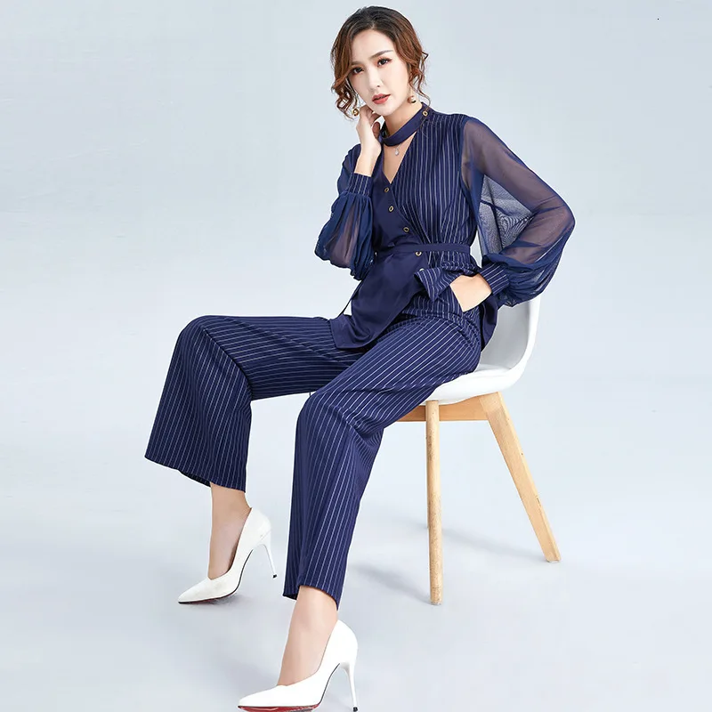 [DEAT] Autumn Fashion Trend New Pattern Office Lady Striped Breathable Wide Leg Pants Women's Long Sleeve Suit AI662