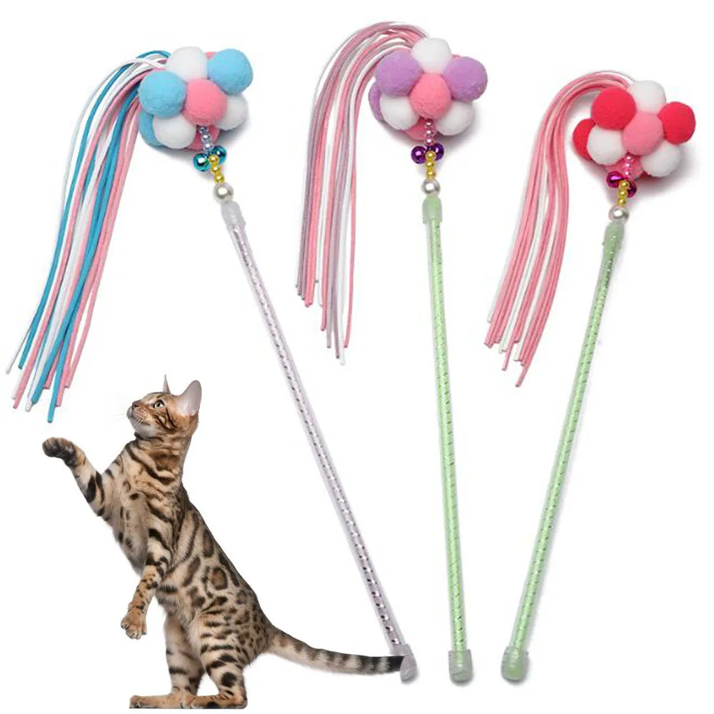Pet Cat Handmade Feather Pompon Bal Funny Pet Bell Toy Interactive Toys Fairy Tassel Tease Cats Rods