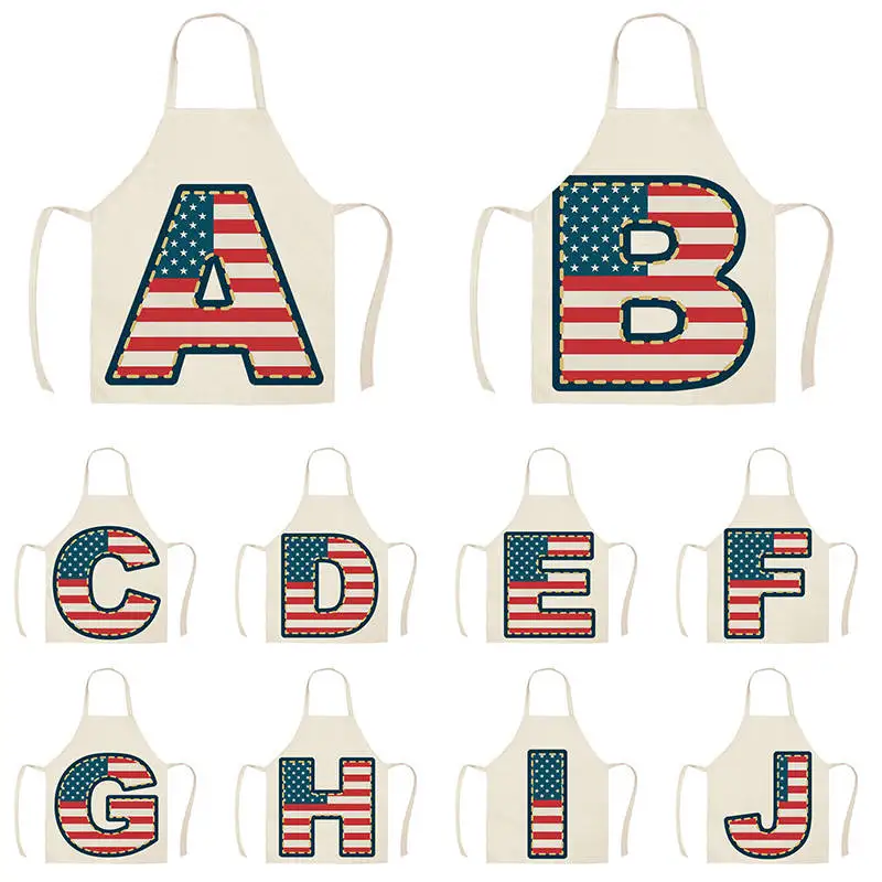 Letter America Pattern Kitchen Aprons for Woman Man Home Cooking Baking Shop Cleaning Cotton Linen Apron WQ1422