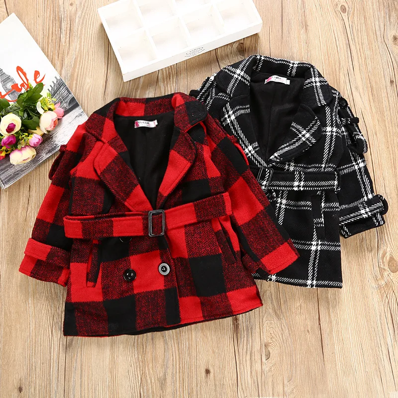 

2017 Autumn And Winter New Style Childrenswear Korean-style Girls Woolen Jacket Girls V-neck Plaid Short Duffle Coat
