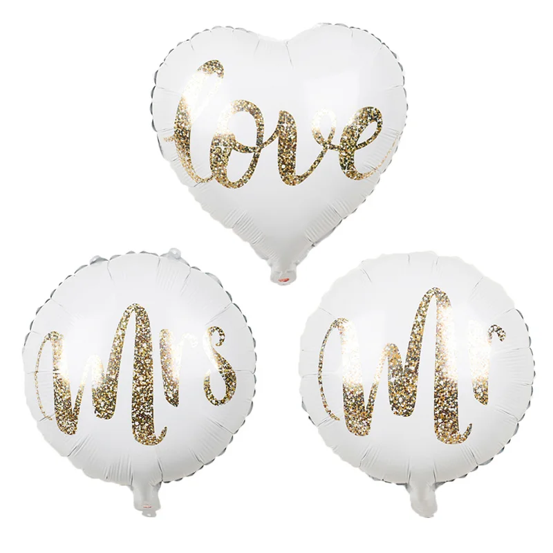 

3pcs 18inch Round White Gold Glitter Print Mr Mrs LOVE Balloons Bride Mariage Wedding Valentine's Day Event Air Globos Supplies