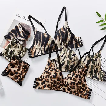 

Fashion Sexy Backless Bra Sets Leopard Front Closure Push Up Underwear Set Briefs Women Wireless Breathable Lingerie Panties