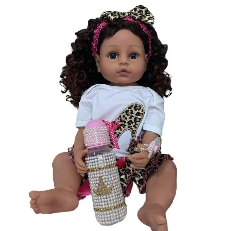 

22 inches 55 cm full body silicone reborn toddler girl princess brown skin curly hair lifelike real touch flexible baby girl