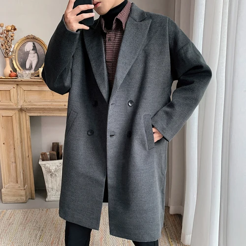 YASUGUOJI повседневное свободное двубортное длинное пальто для мужчин высококачественное шерстяное зимнее пальто для мужчин Manteau Laine Homme пальто для мужчин - Цвет: Dark Gray FY703