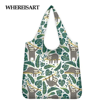 

WHEREISART Shopping Bag Eco-Friendly Shoulder Bag Foldable Portable Sloth Flower Polyester Reusable Tote Shopping Bags
