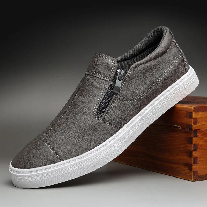 Men's Casual PU Leather Shoes Fashion Korean Shallow Mouth Shoes Slip on Men Loafers Zipper Flat Sneakers casual shoes sports shoes casual sneakers leather shoes running sneakers