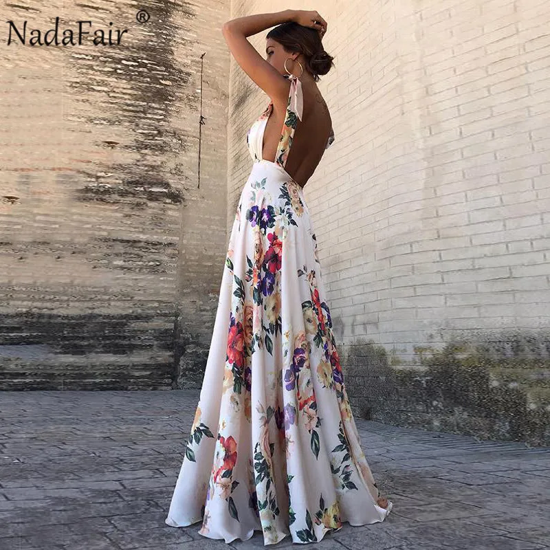 Nadafair, Платье макси с цветочным принтом, Vestidos, сексуальное, с открытой спиной, v-образный вырез, на бретельках, летнее пляжное длинное платье, женское, бохо платье