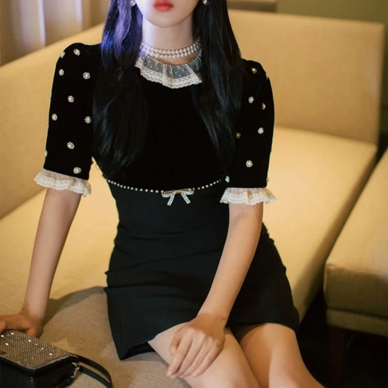 

Женское бархатное мини-платье с коротким рукавом, дизайнерское модельное элегантное винтажное платье с высокой талией, праздничное платье со стразами и жемчугом