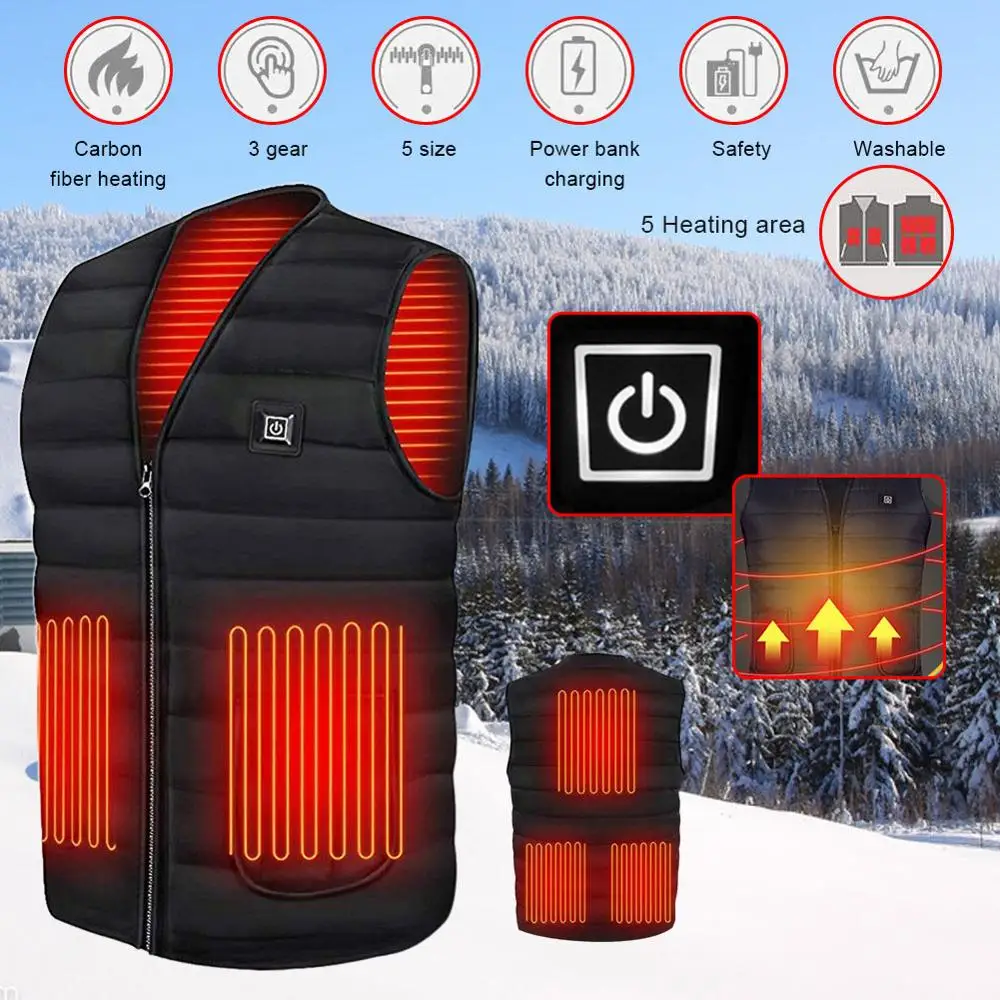 

5 Areas Heated Heating Vest Temperature Adjustments Carbon Fiber Heating Elements USB Electric Warmth Clothing