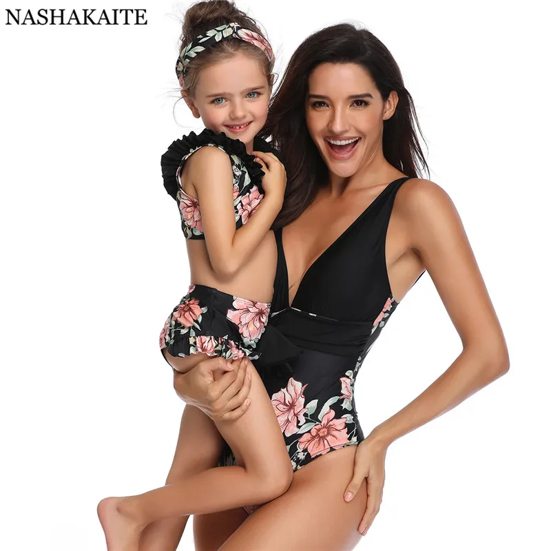 NASHAKAITE Mother and daughter swimsuit Summer Deep V-neck Waist Bowed Bathing suit Daughter Matching Swimsuit | Мать и ребенок