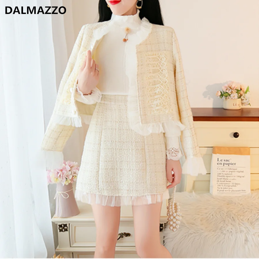 

2020 Autumn Winter Tweed Wool Patchwork Mesh Women's Suits Pearls Single-Breasted Short Jacket Coat + Mini Skirt 2 Pieces Sets