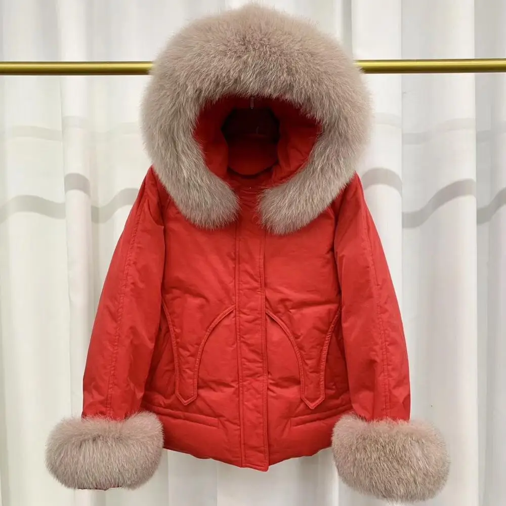 

Real Fur White Duck Down Jacket Women Large Nature Fox Fur Collar Down Coat Winter Thick Warm Short Hooded Coats Loose Overcoat