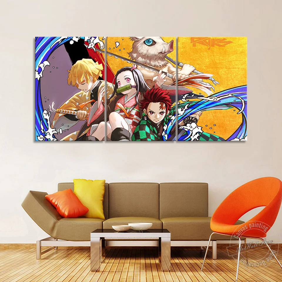 Unframed 3 Piece Kimetsu No Yaiba Tanjiro Nezuko Zenitsu Inosuke Anime Poster Canvas Art Wall Picture for Living Room Decor Gift