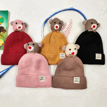 

Baby Winter Hats Caps for Baby Candy Colors Hat Winter Knit Hat Scarf Set Children Bear Doll Cartoon Cute Hat Baby Bonnet шапка
