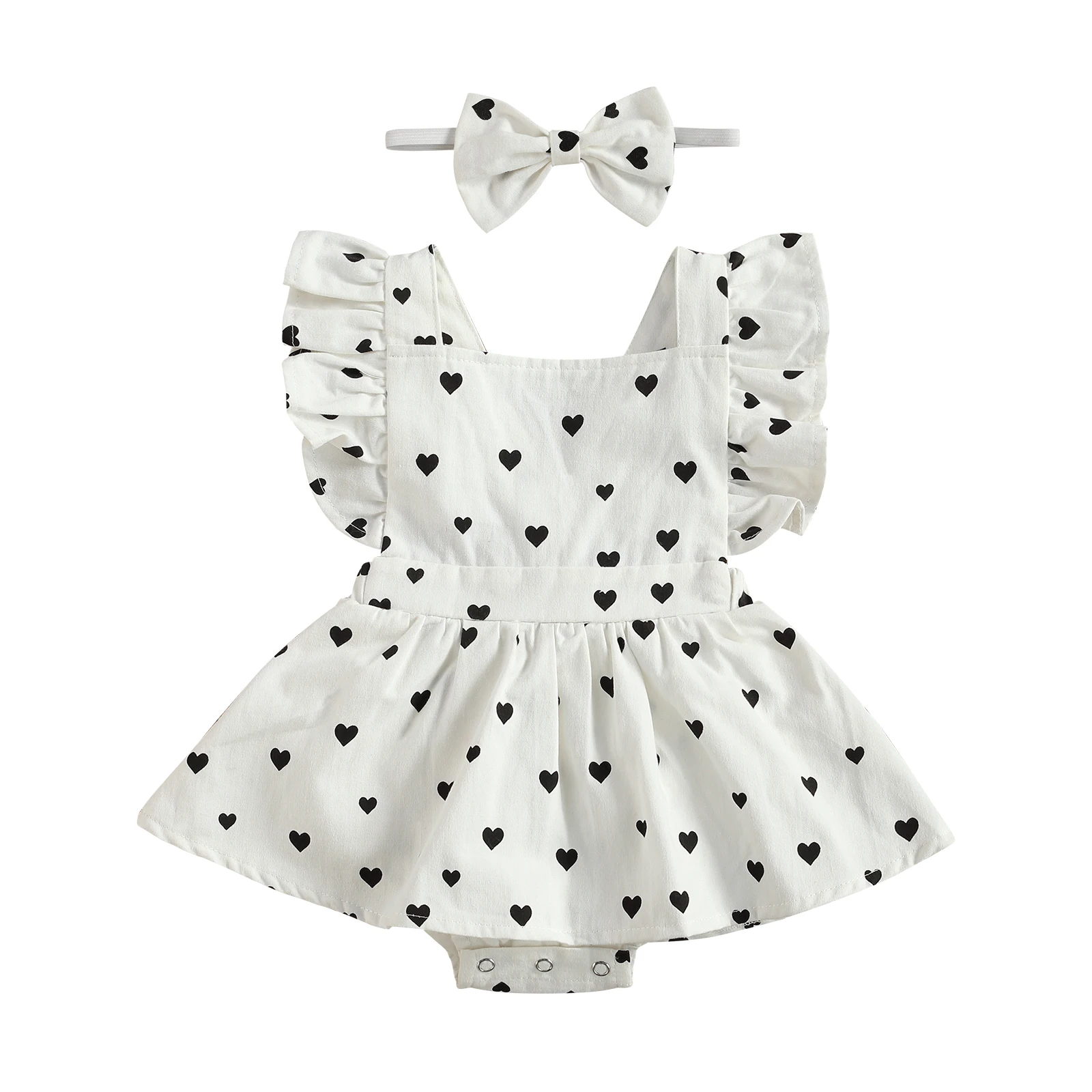 Infant Newborn Baby Girls Hearts Bodysuits Dress Ruffled Jumpsuits Headband Summer Outfits Cute Infant Baby Girls Romper Baby Rompers