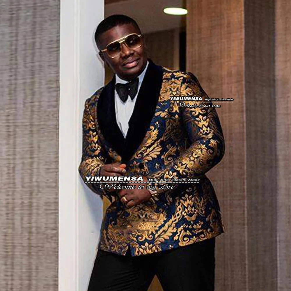 

Floral Jacquard Suits Mens Formal Wedding Suits Custom Made Costume Homme Double Breasted Jacket+Pants 2 Pieces Groom Blazers