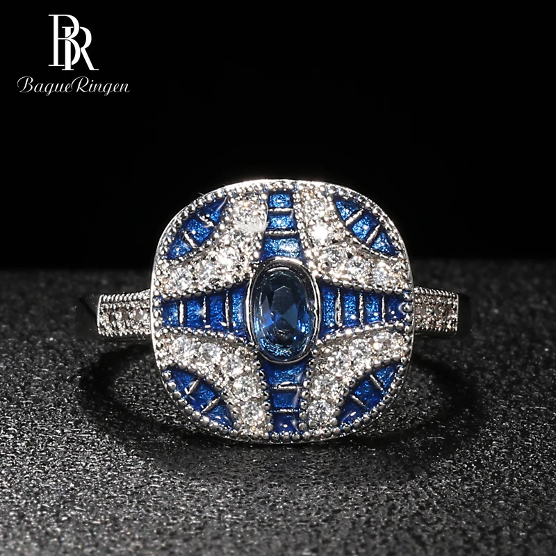 Синий Bague Ringen, Трендовое серебро 925, ювелирные кольца с драгоценными камнями для женщин, геометрические сапфировые циркониевые синие обручальные вечерние кольца, женский подарок - Цвет камня: Синий