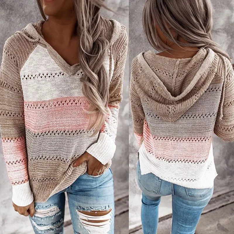 2020 fashion Autumn Knitted Hooded Striped Sweaters Top Long Sleeve Women Hollow Out Patchwork Pullovers Female Sweater