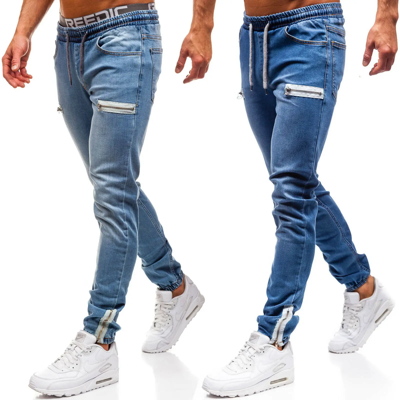 Tela vaquera informal para hombre, Jeans deportivos con diseño esmerilado y cremallera
