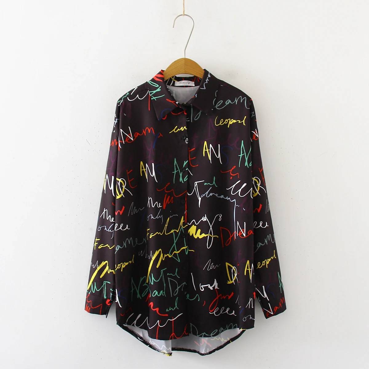  ew Arrival Letter Print Turn-down Collar Ovesize Long Blouse Button Up Casual Loose White Black Shi