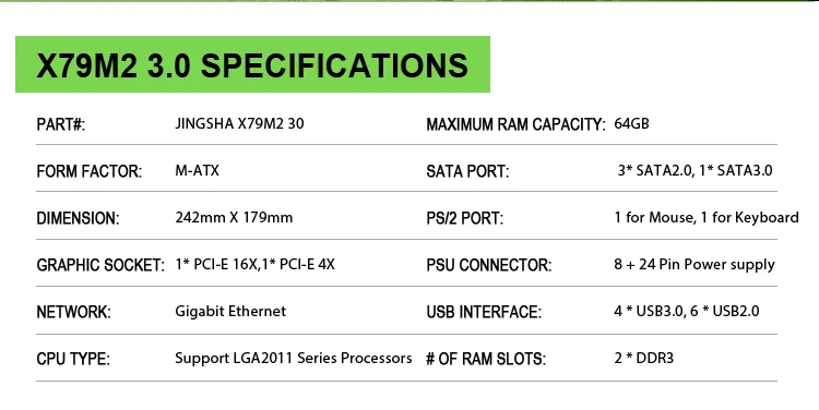 Jingsha X79 M2.3.0 материнская плата LGA2011 ATX USB3.0 SATA 6 ГБ/сек. PCI-E NVME M.2 SSD поддержка памяти REG ECC и процессор Xeon E5