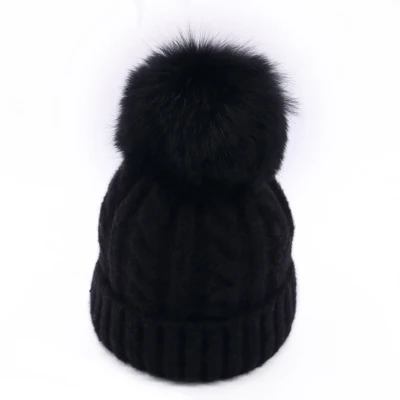 Black - Fox Fur Зимняя женская вязаная шапка Skullies Женская бини шапки с настоящим помпон из лисьего меха роскошный Gorro; теплый лыжный головной убор для девочек ярких цветов - Цвет: Black - Fox Fur