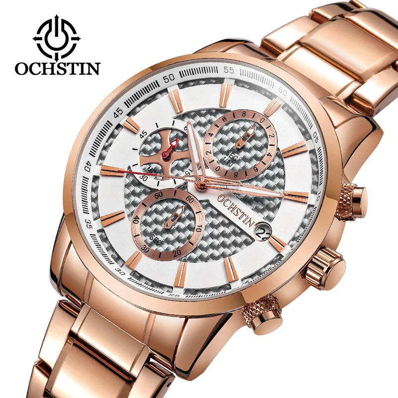 

Ochstin Steel Belt Men Timing Multi-functional Watches Three Eye Calendar Night Light Carbon Fiber Casual MEN'S Watch