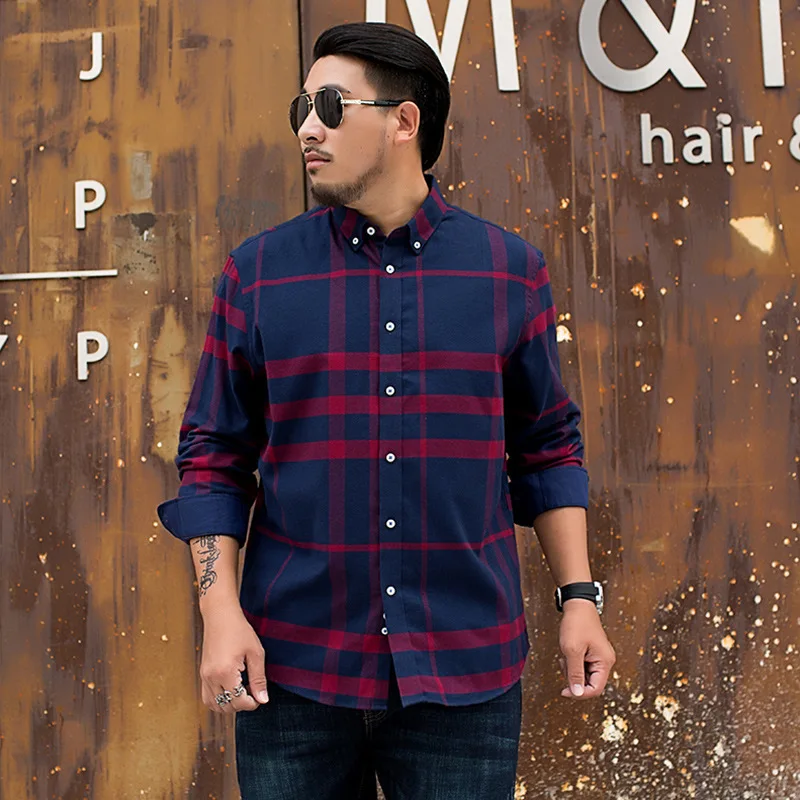 

Men Extra Large Size Length Sleeve Shirt Autumn Fat Loose Plus Fat plus Grid Shirt Fat Man Cotton Plus Large Size