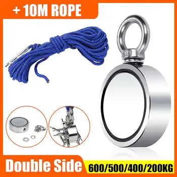 

600KG Double-sided Powerful Round Neodymium Magnet D75mm Hook Salvage Magnet Sea Fishing Equipments Holder+Ring 10M Rope