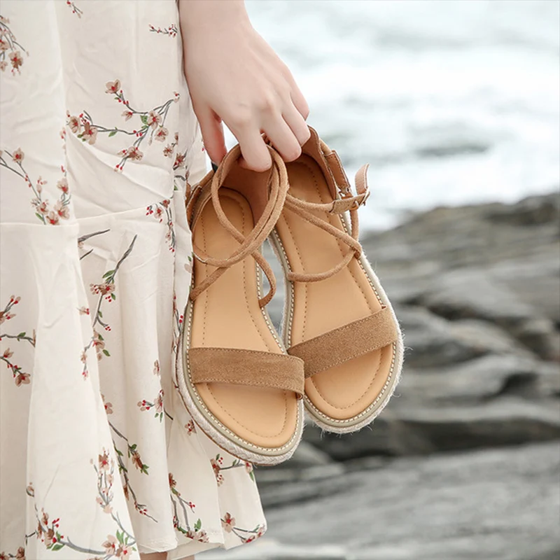 Women Hemp Sandals Woman Cross Ankle Buckle Strap Flats Platform Female Gladiator Beach Shoes Ladies Sewing Big Size 42 | Обувь