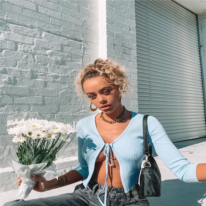 

2020 Summer Chic Knitted Crop Tops Women Lace Up Bow Cardigans Open Long Sleeve Autumn Short Sweater Sexy Street Wear