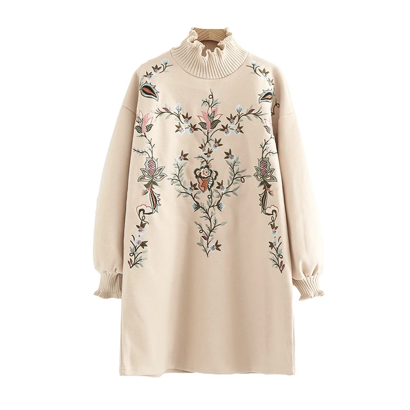 Бежевое Короткое мини-платье с цветочной вышивкой и рукавами-фонариками