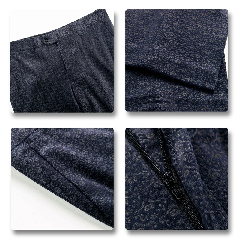 YUNCLOS Navy Pattern Printing Men Suits Double-breasted Business Casual Suits Men Closure Collar Wedding Jacket+Vest+Pant