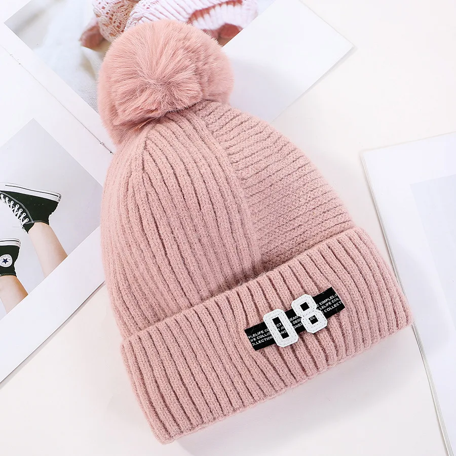 

High Quality Women Knitted Pink Hat Winter Thick Warm Velvet Fur Pompon Beanies Ladies Girls Solid Outdoor Hats Woman Black