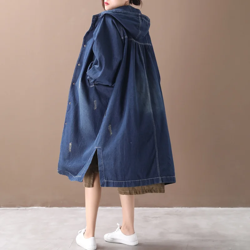 Blue Женская новая осенняя и весенняя верхняя одежда в Корейском стиле, большие размеры, с капюшоном, свободный джинсовый Тренч - Цвет: Blue