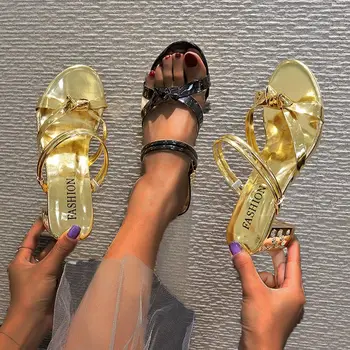 

2020 New Summer Crystal Slippers Women's Shoes Ladies Transparent PVC High Heels Fashion Woman Slip On Beach Female Footwear