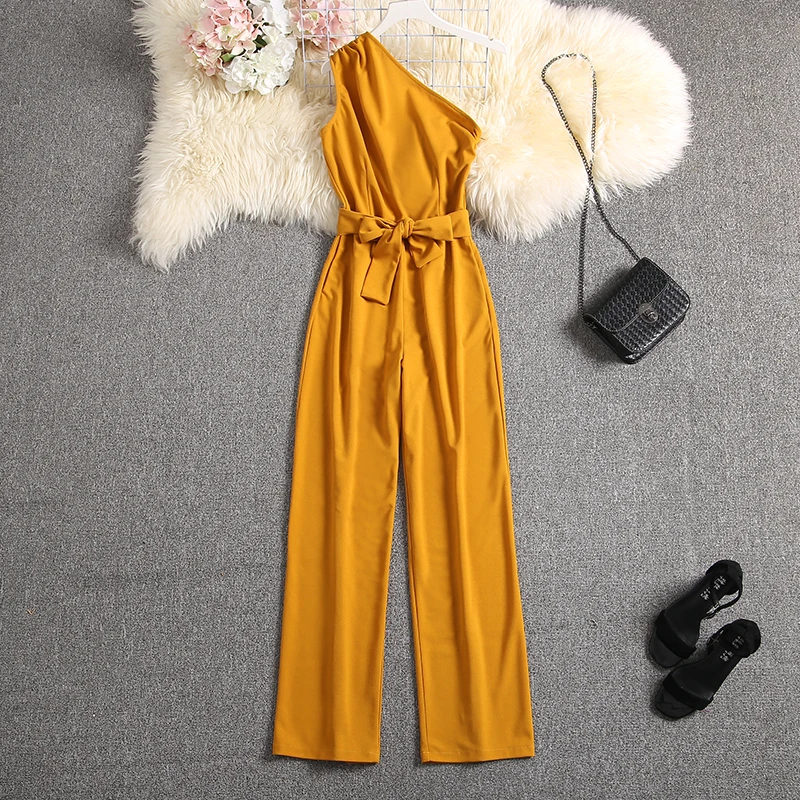 ALPHALMODA Oblique Shoulder Outfit Sashes Solid Color Slim Fit Ladies Elegant Party Jumpsuit Summer Fashion Rompers ALPHALMODA Oblique Shoulder Outfit Sashes Solid Color Slim Fit Ladies Elegant Party Jumpsuit Summer Fashion Rompers