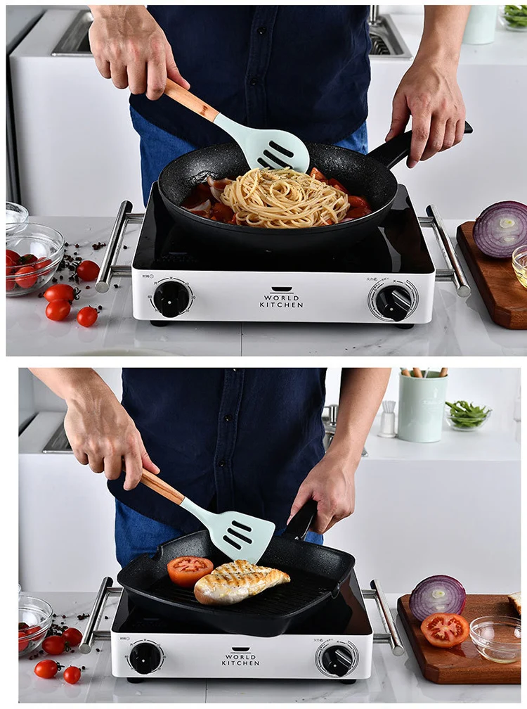 12 Pieces Natural Wooden Handles Cooking Tool BPA Free Non Toxic Silicone Turner Tongs Spatula Spoon Kitchen Gadgets Utensil Set