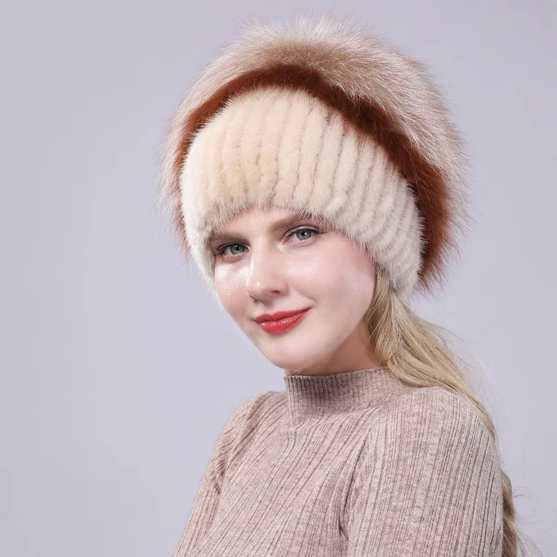 fur hat New Fashion Mink Fur Hat Lady Thick Warm Winter Grass Woven Hat Hat Ear Mink Fox Ball - Цвет: Бежевый