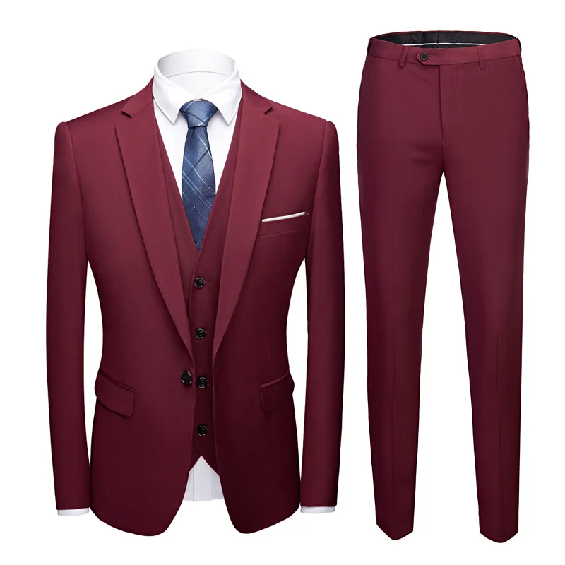 Shenrun мужские костюмы бизнес 3 шт. брюки с жилеткой обтягивающий официальный Повседневный Модный свадебный костюм для выпускного вечера сплошной цвет - Цвет: Wine red 908