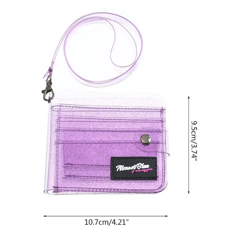 Transparent ID Card Holder PVC Folding Short Wallet Fashion Women Girl Glitter Business Cards Case Purse with Lanyard - Цвет: Коричневый
