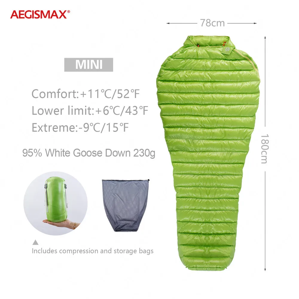 AEGISMAX мини Сверхлегкий 43℉~ 52℉ спальный мешок гусиный пух типа «кокон» Сращивание Открытый Унисекс Водонепроницаемый походный спальный мешок - Цвет: MINI-Green