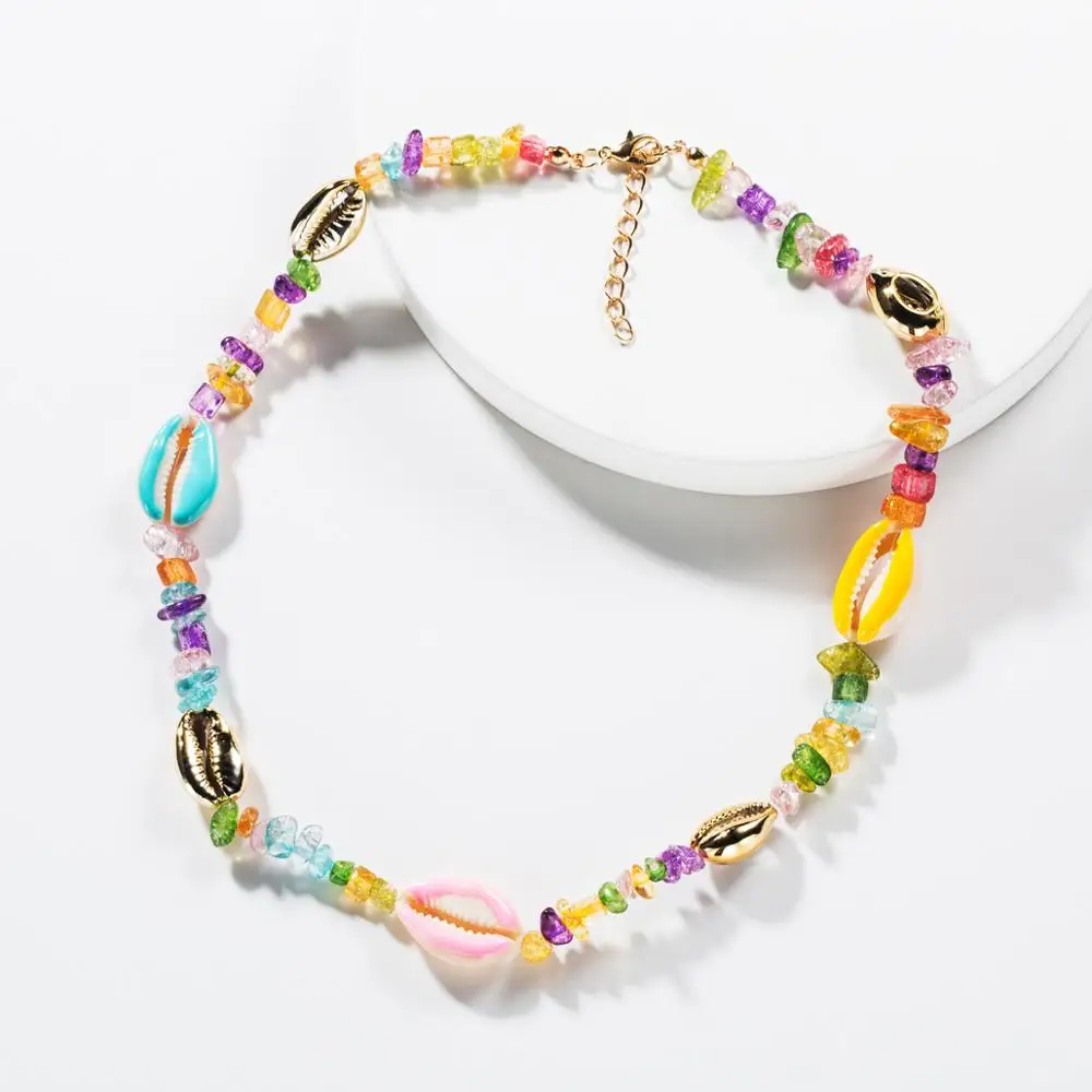 

HZ 2019 New Rainbow Color Transparent Irregular Resin Beads Shell Clavicle Chain Metal Necklace for Women Girls Choker Vacation