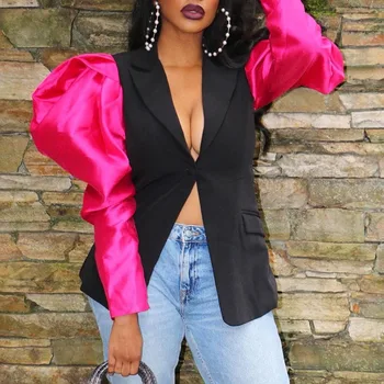 

Women Puff Sleeve Patchwork Color Notcched Collar Long Sleeve Blazer Top