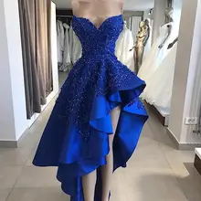 Винтажное Королевского синего цвета, короткие платья для выпускного вечера с высоким подъемом, реальное изображение, трапециевидные бисерные Аппликации, милое асимметричное длинное вечернее платье