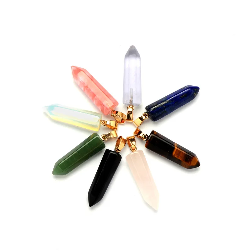 

Natural Crystal Stone Hexagon Prism Rose Quartz Tiger's Eye Opal For DIY Pendulum Necklace Earrings Accessories