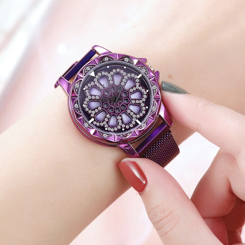 

Fashion luxury hollow magnet quartz ladies watch mesh magnet 360 degree rotating dial transfer watch